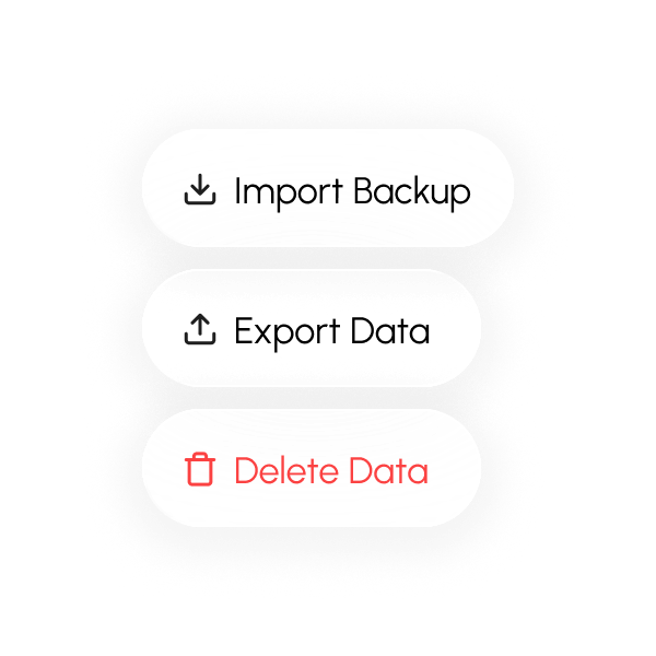 Delete data, export data, and import backup controls