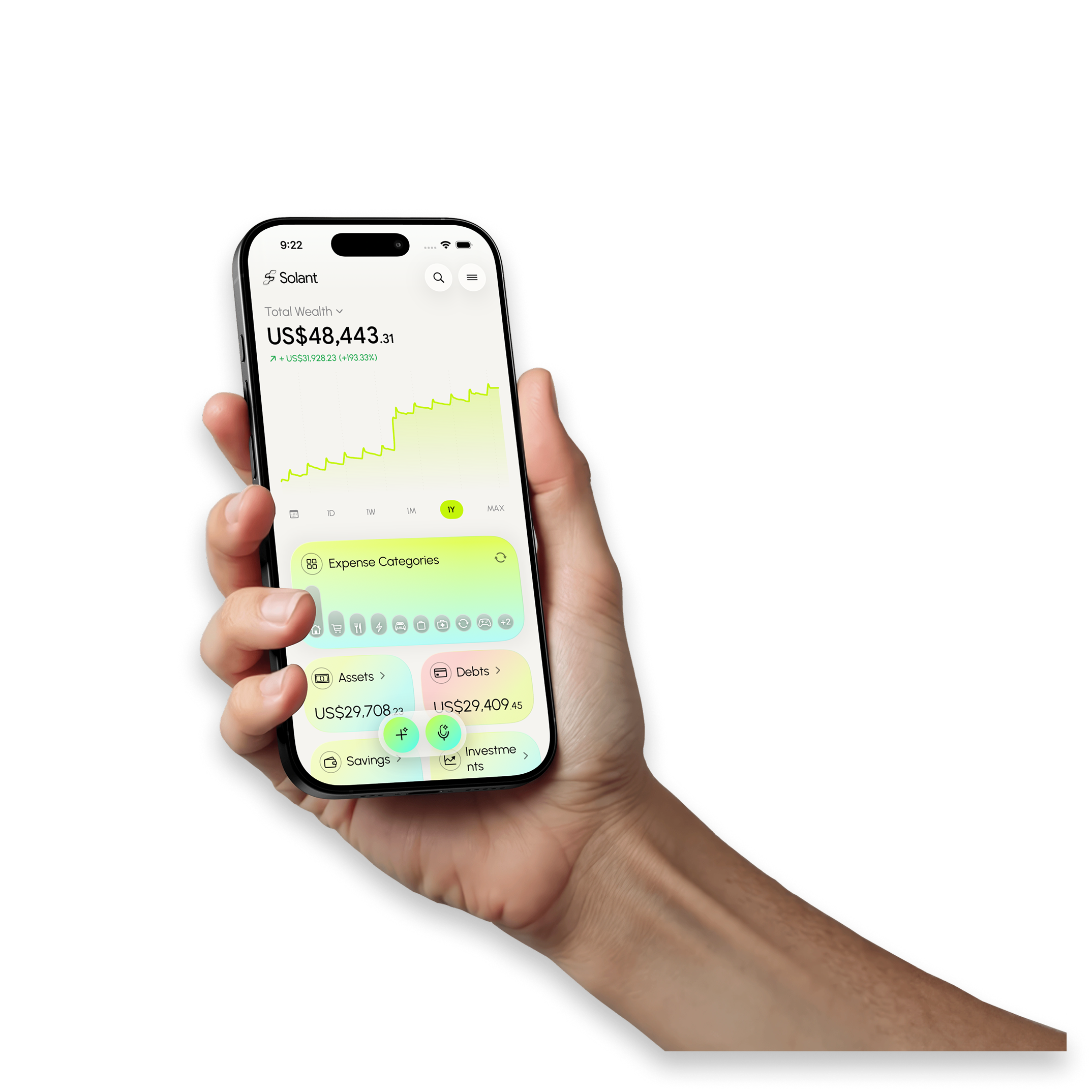 Solant finance app displayed on an iPhone held in hand